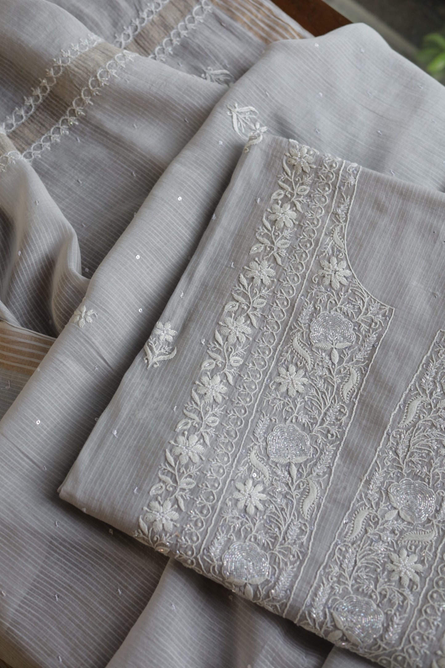 Natural Grey Shade  Maheshwari Pearl Work Chikankari Fabrics