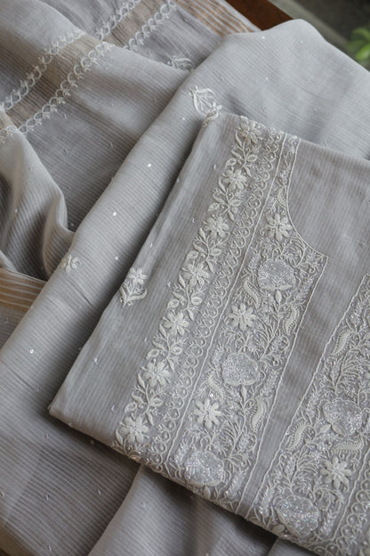 Natural Grey Shade  Maheshwari Pearl Work Chikankari Fabrics