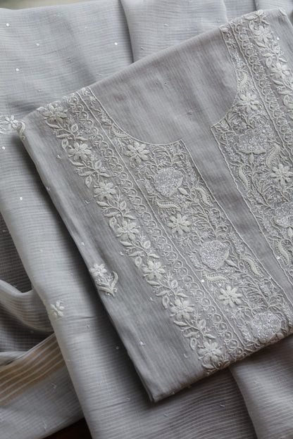 Natural Grey Shade  Maheshwari Pearl Work Chikankari Fabrics
