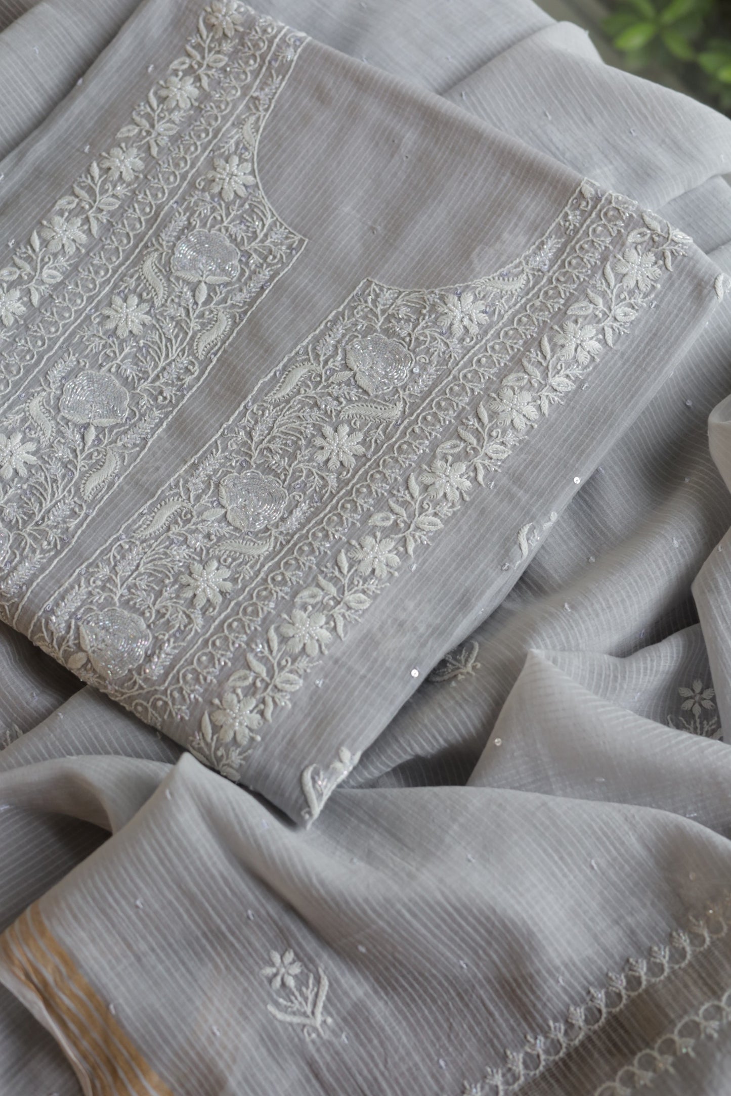 Natural Grey Shade  Maheshwari Pearl Work Chikankari Fabrics