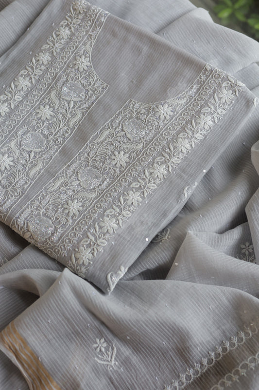 Natural Grey Shade  Maheshwari Pearl Work Chikankari Fabrics