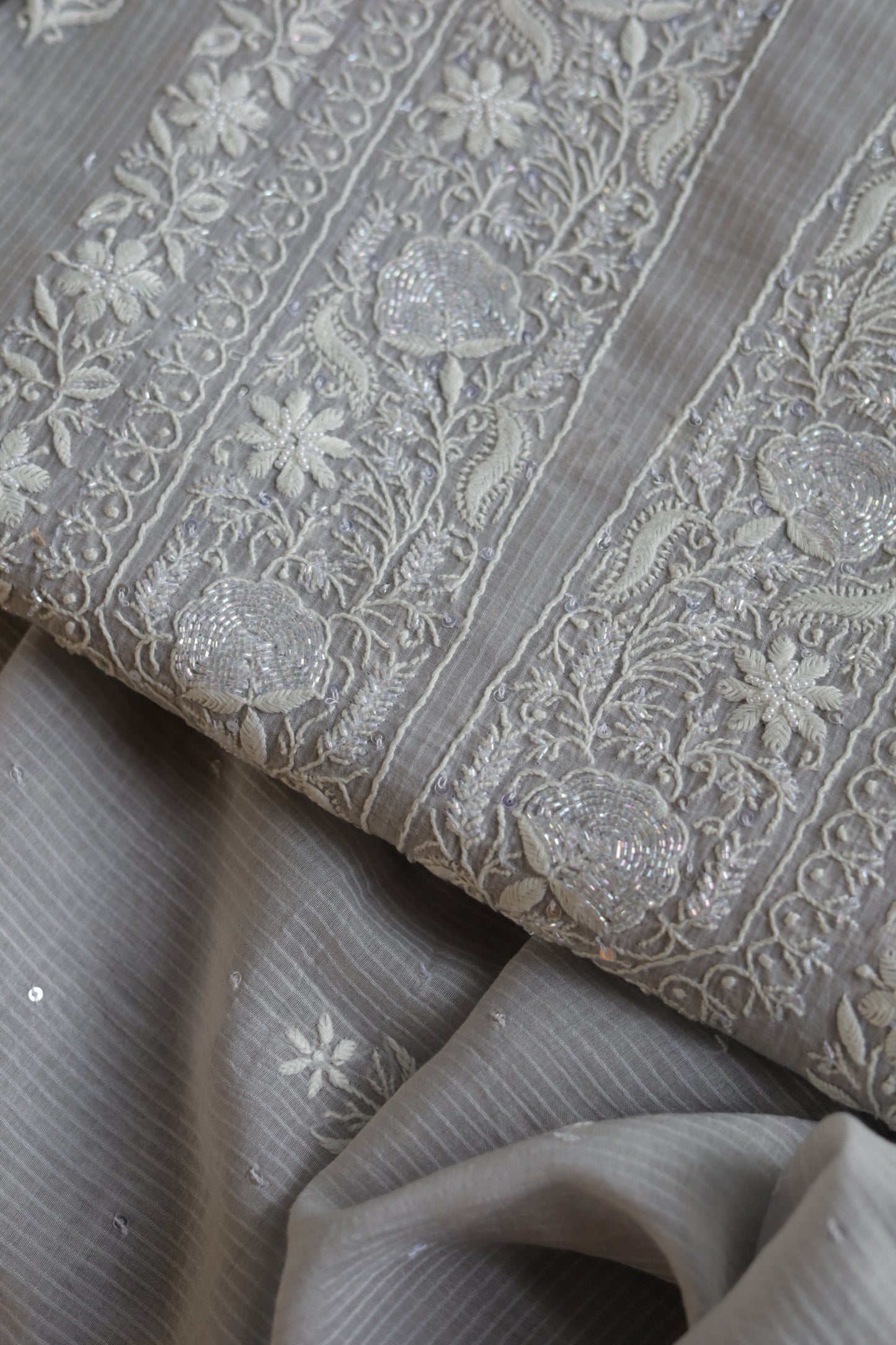 Natural Grey Shade  Maheshwari Pearl Work Chikankari Fabrics