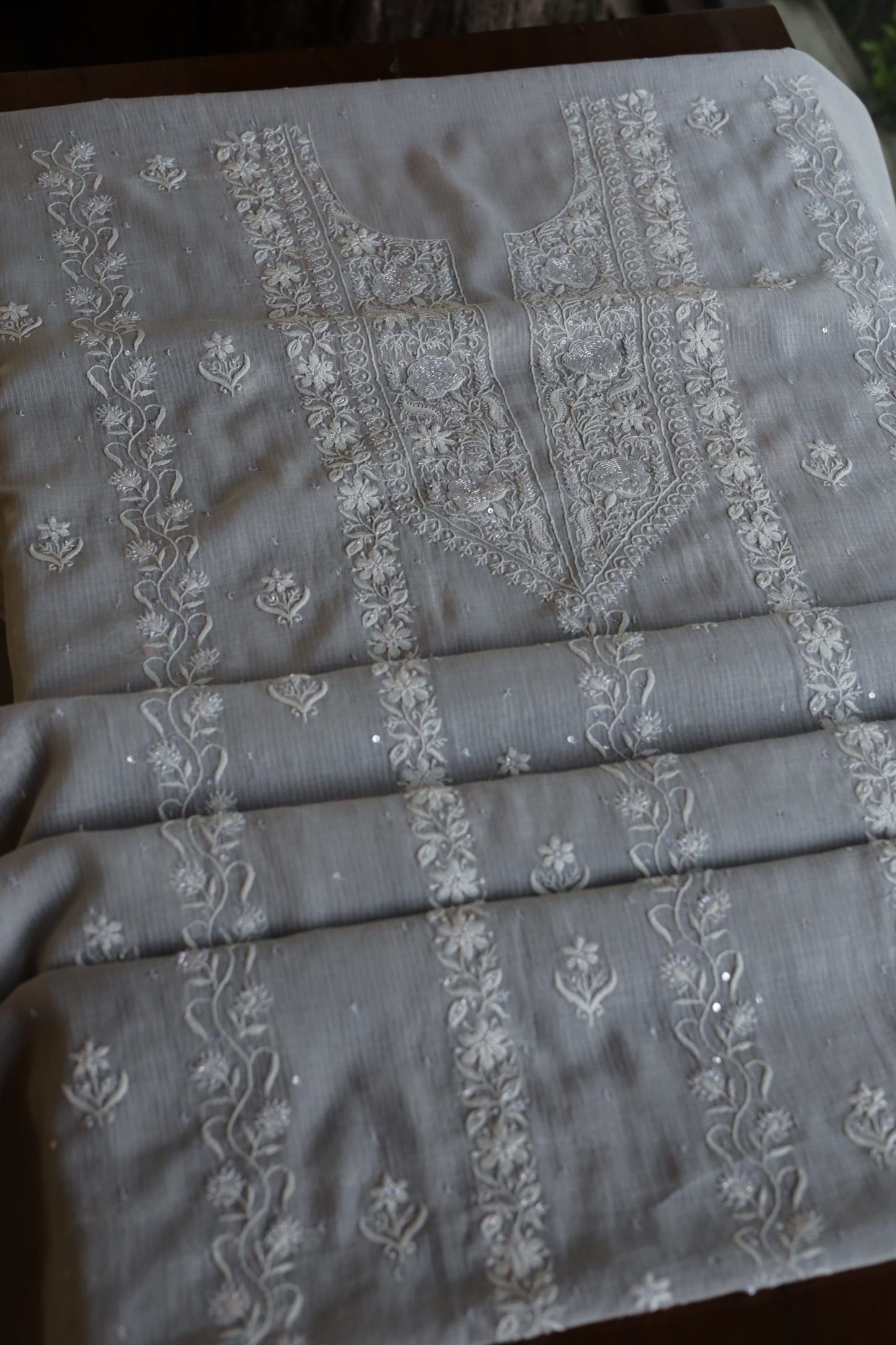 Natural Grey Shade  Maheshwari Pearl Work Chikankari Fabrics