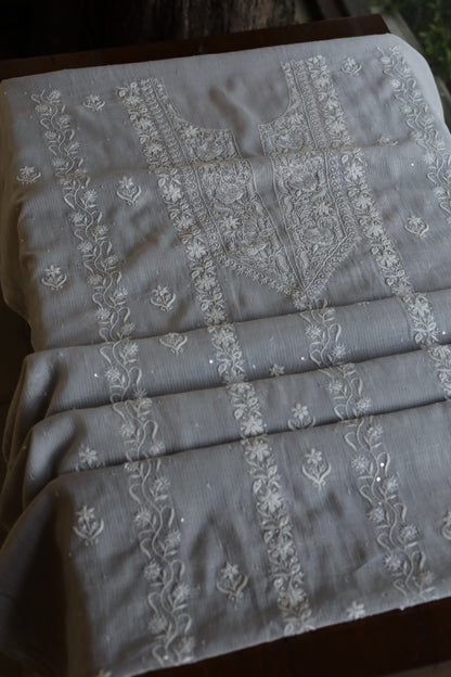 Natural Grey Shade  Maheshwari Pearl Work Chikankari Fabrics