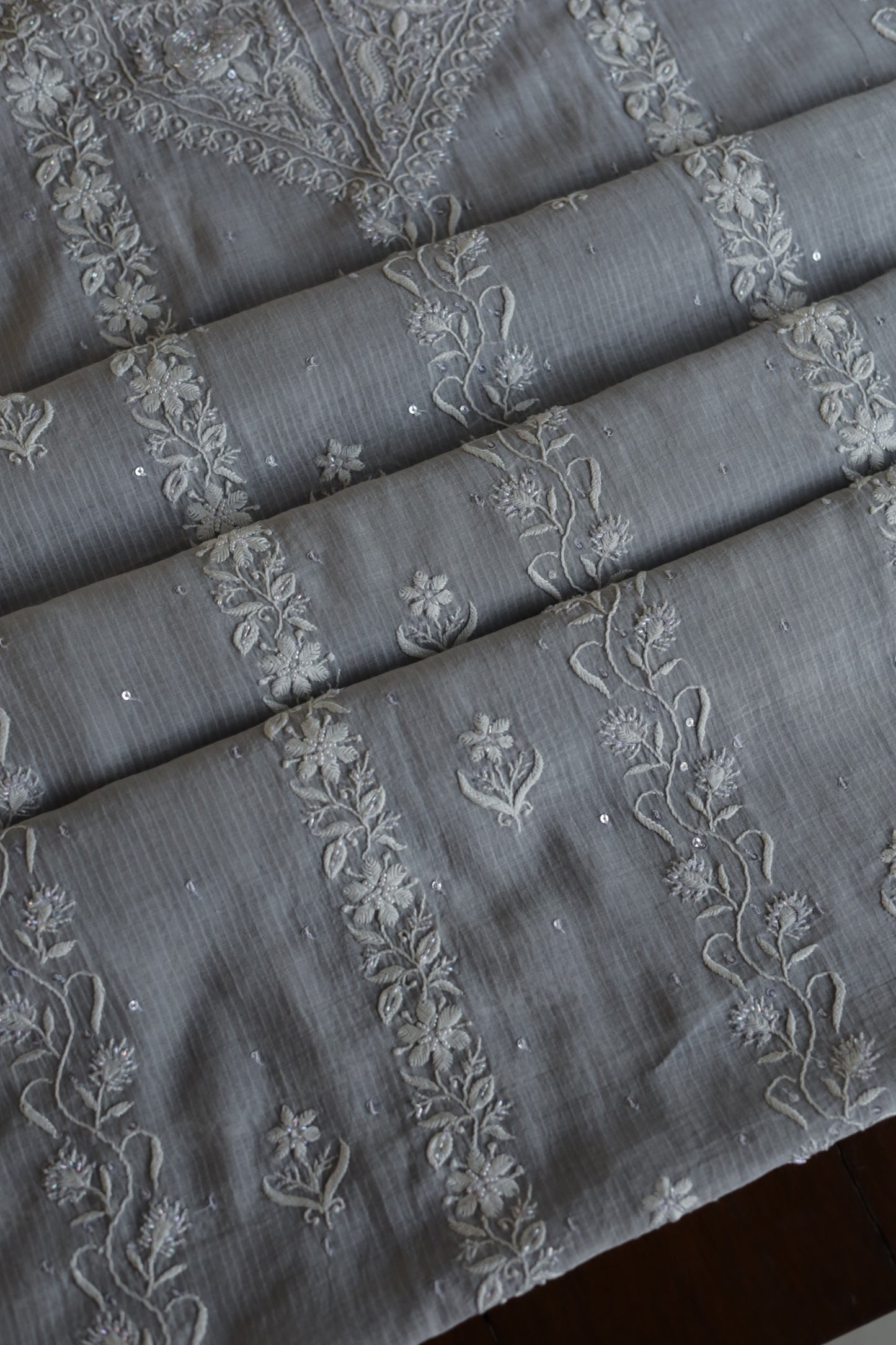 Natural Grey Shade  Maheshwari Pearl Work Chikankari Fabrics