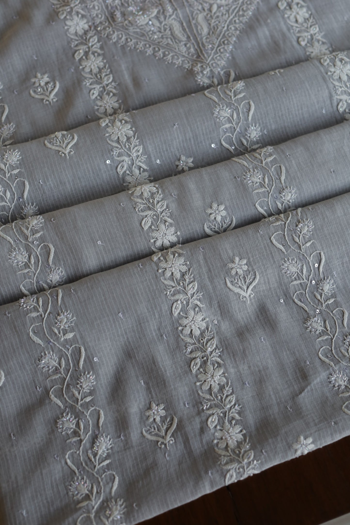 Natural Grey Shade  Maheshwari Pearl Work Chikankari Fabrics