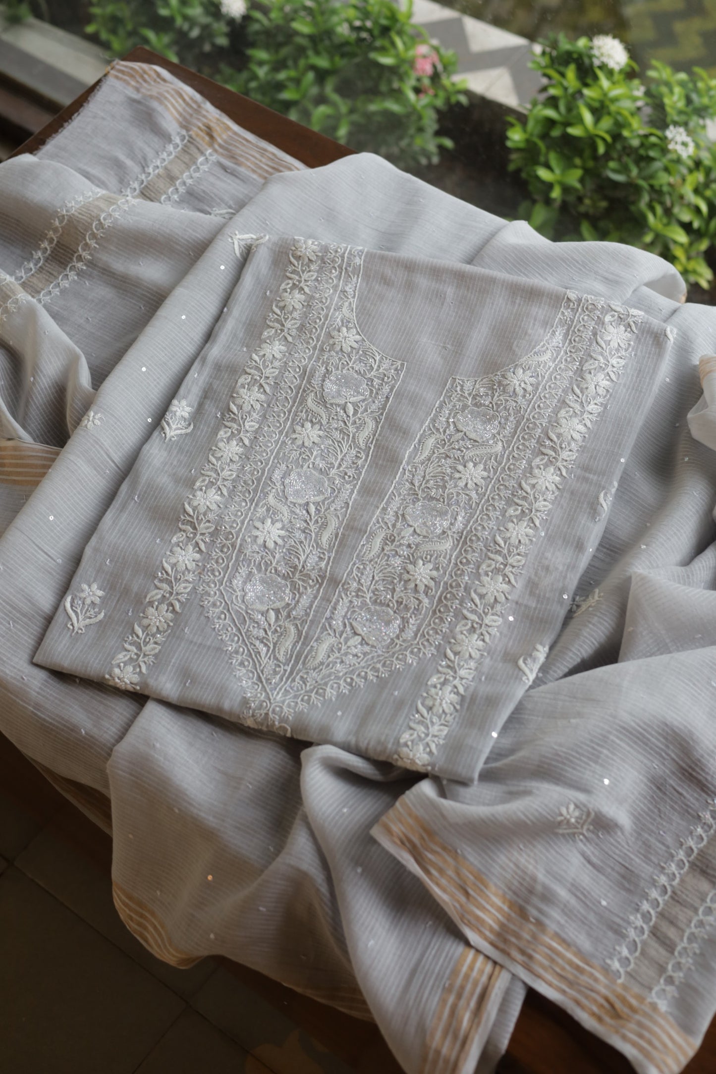 Natural Grey Shade  Maheshwari Pearl Work Chikankari Fabrics