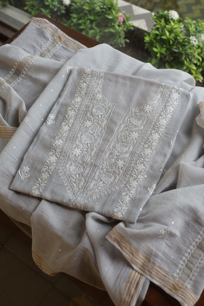 Natural Grey Shade  Maheshwari Pearl Work Chikankari Fabrics