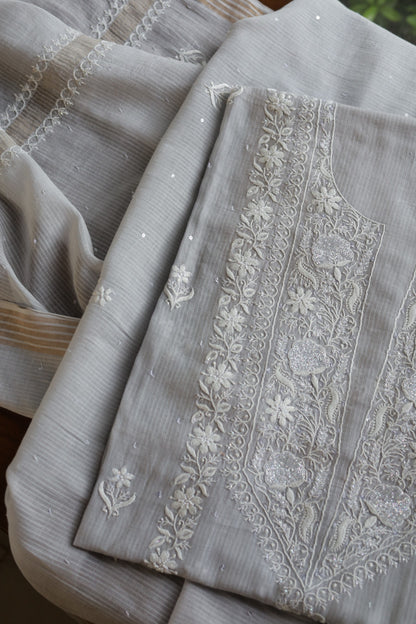 Natural Grey Shade  Maheshwari Pearl Work Chikankari Fabrics