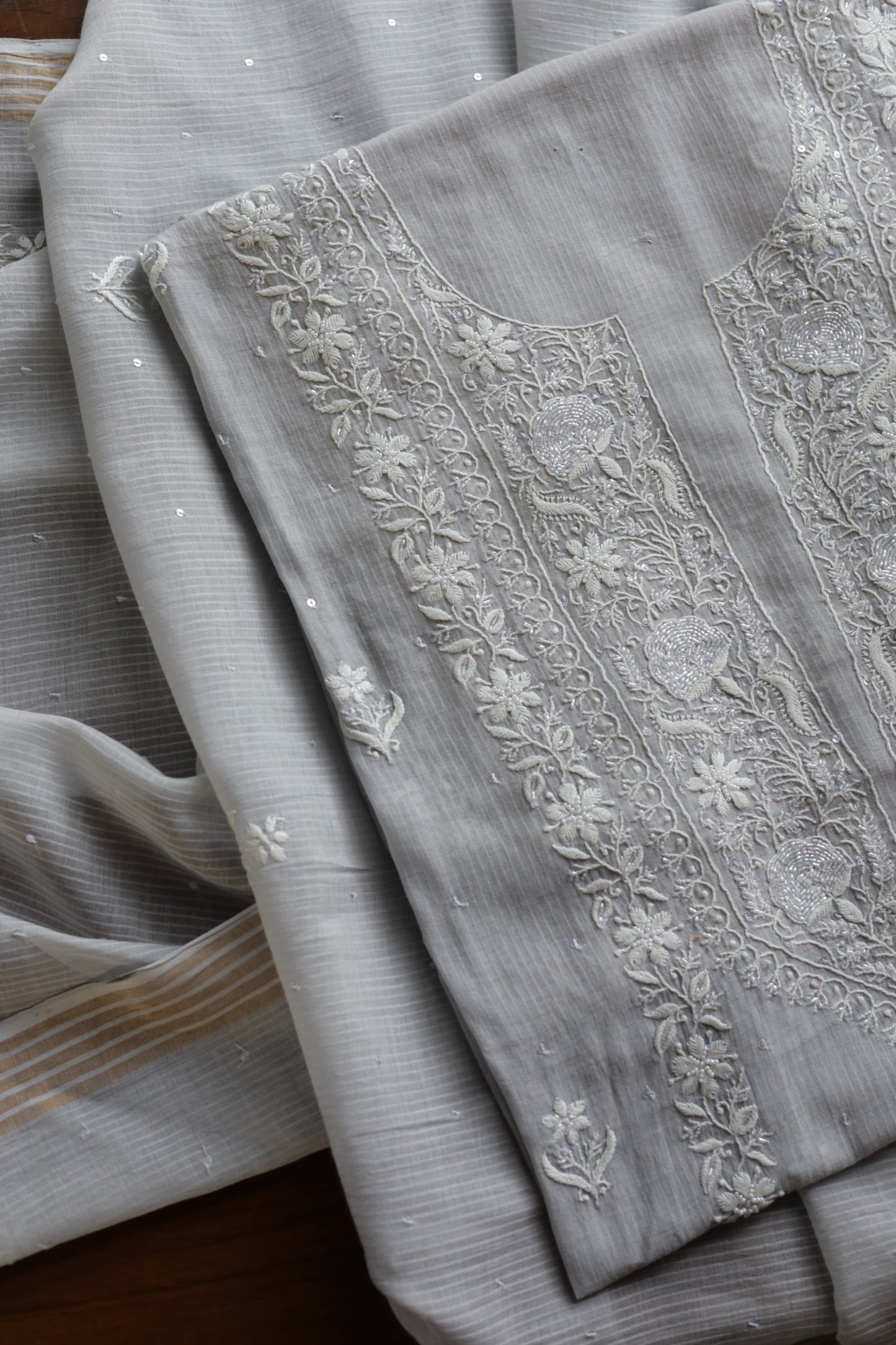 Natural Grey Shade  Maheshwari Pearl Work Chikankari Fabrics