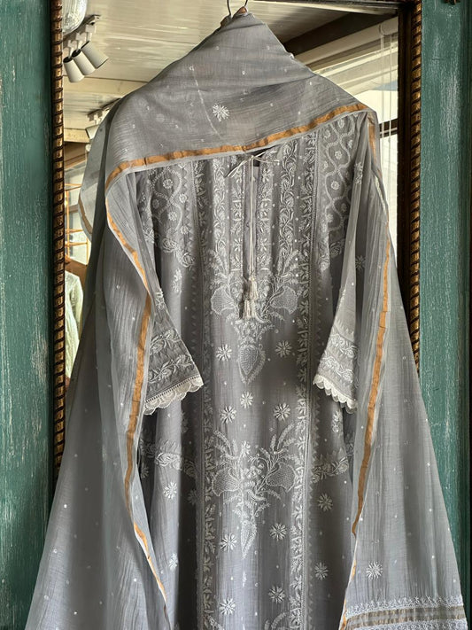 Natural Grey Shade Malmal Pearl Work Chikankari Kurta With Dupatta