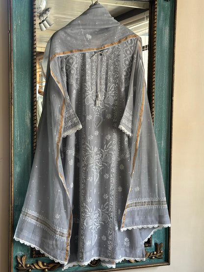 Natural Grey Shade Malmal Pearl Work Chikankari Kurta With Dupatta