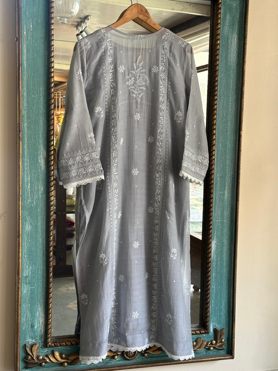 Natural Grey Shade Malmal Pearl Work Chikankari Kurta With Dupatta