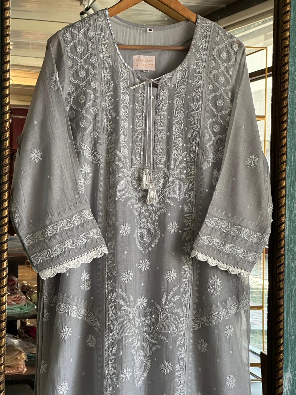 Natural Grey Shade Malmal Pearl Work Chikankari Kurta With Dupatta
