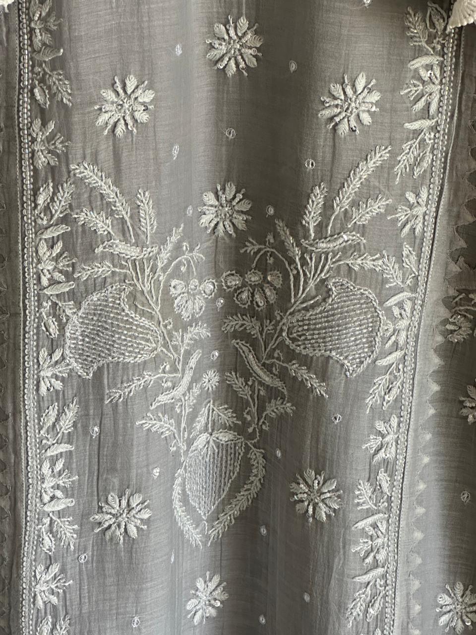 Natural Grey Shade Malmal Pearl Work Chikankari Kurta With Dupatta