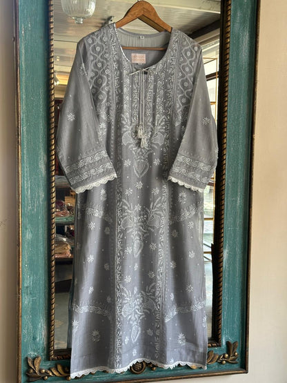 Natural Grey Shade Malmal Pearl Work Chikankari Kurta With Dupatta