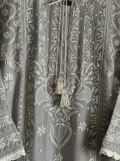 Natural Grey Shade Malmal Pearl Work Chikankari Kurta With Dupatta