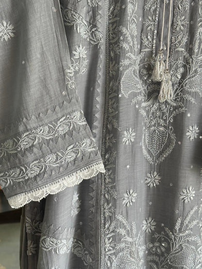 Natural Grey Shade Malmal Pearl Work Chikankari Kurta With Dupatta