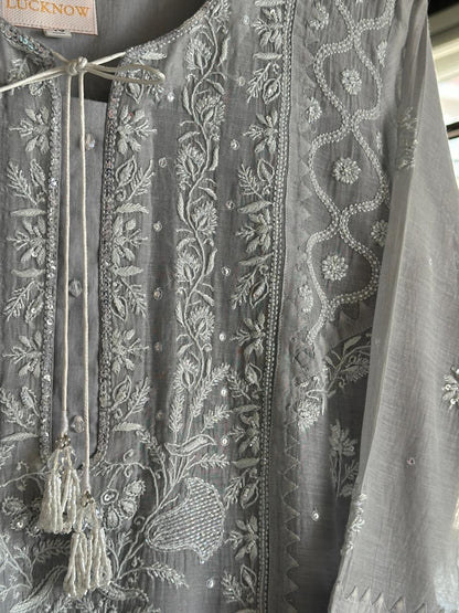 Natural Grey Shade Malmal Pearl Work Chikankari Kurta With Dupatta