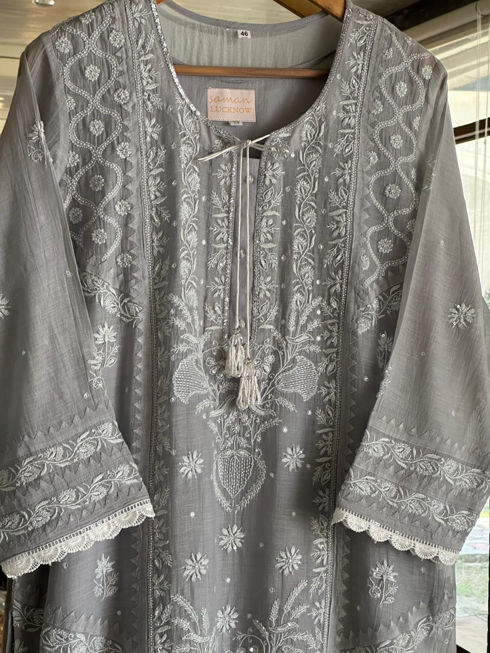 Natural Grey Shade Malmal Pearl Work Chikankari Kurta With Dupatta