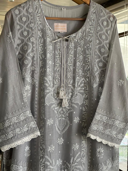 Natural Grey Shade Malmal Pearl Work Chikankari Kurta With Dupatta
