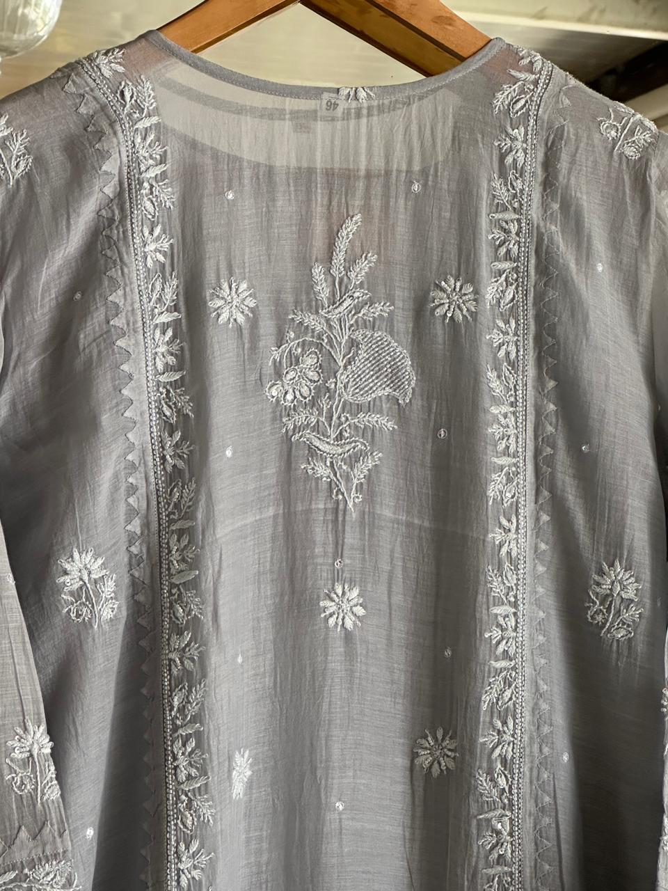 Natural Grey Shade Malmal Pearl Work Chikankari Kurta With Dupatta