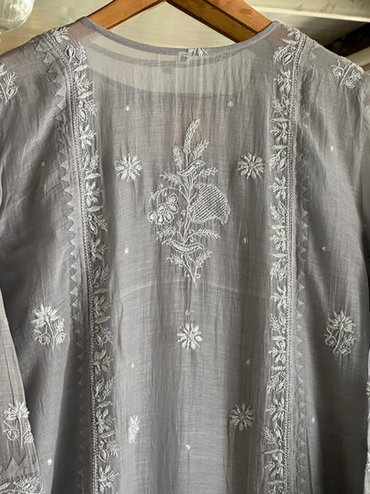 Natural Grey Shade Malmal Pearl Work Chikankari Kurta With Dupatta