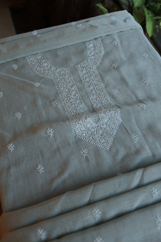 Natural Grey Shade Mulmul Chikankari Unstitched Men's Kurtas Fabric