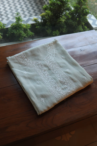 Natural Grey Shade Mulmul Chikankari Unstitched Men's Kurtas Fabric