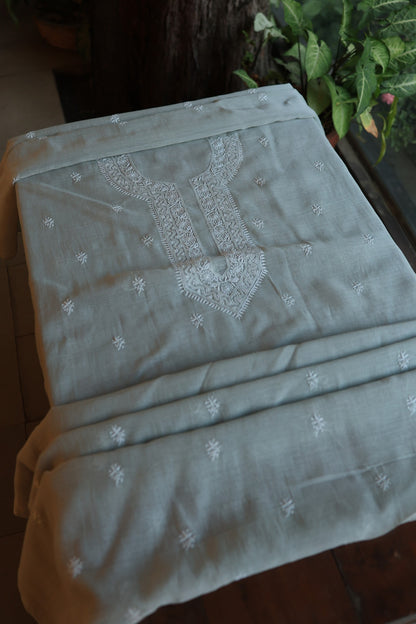 Natural Grey Shade Mulmul Chikankari Unstitched Men's Kurtas Fabric