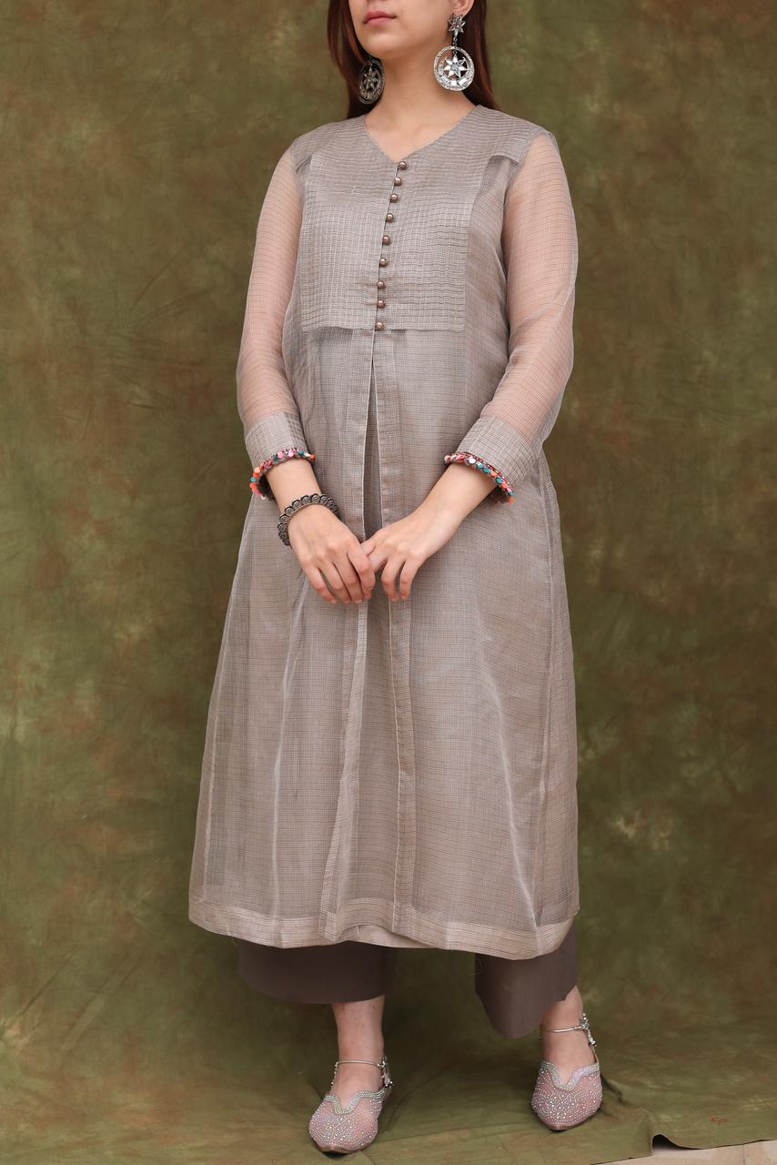 Natural Grey Tissue Silk Dagla Kurta Set