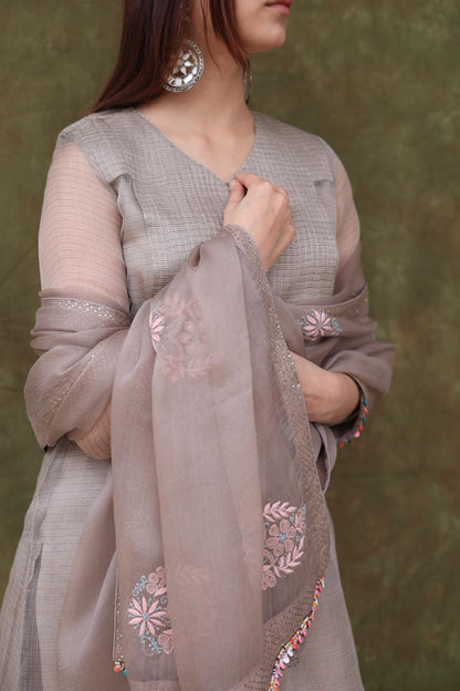 Natural Grey Tissue Silk Dagla Kurta Set