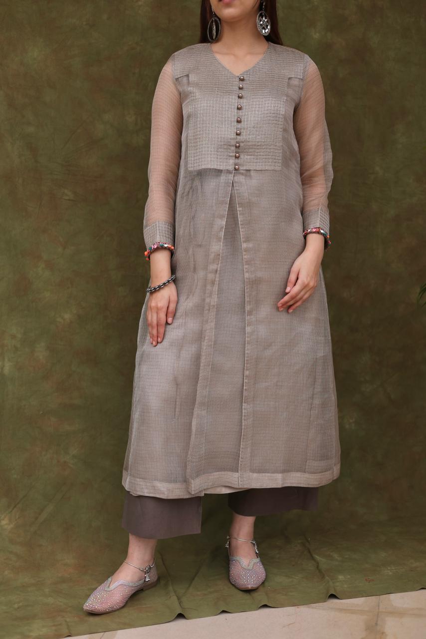 Natural Grey Tissue Silk Dagla Kurta Set