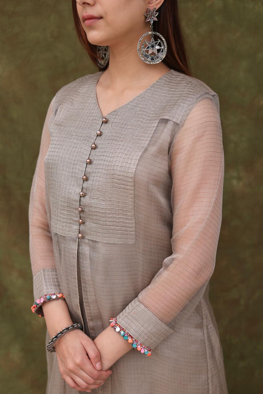 Natural Grey Tissue Silk Dagla Kurta Set