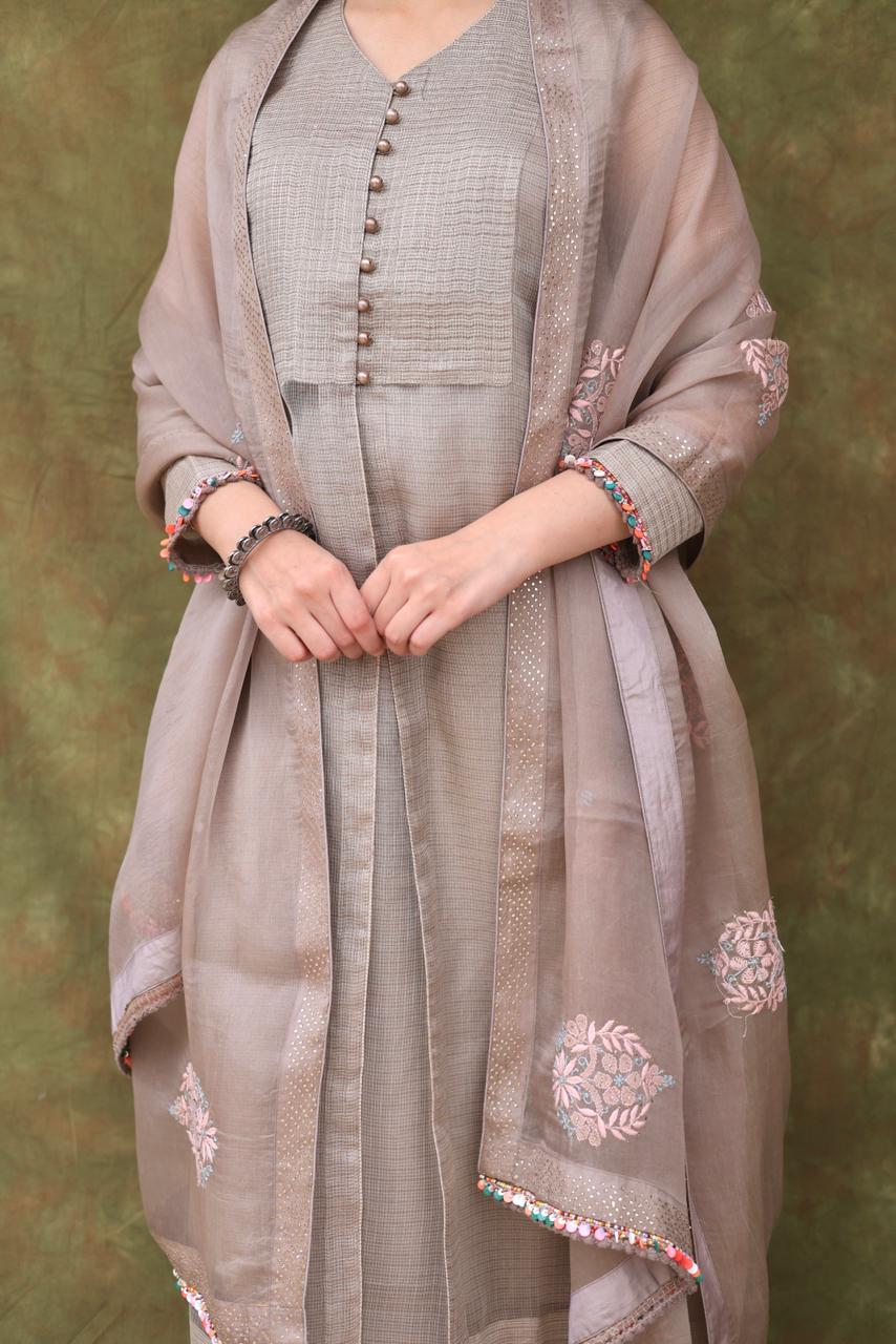 Natural Grey Tissue Silk Dagla Kurta Set