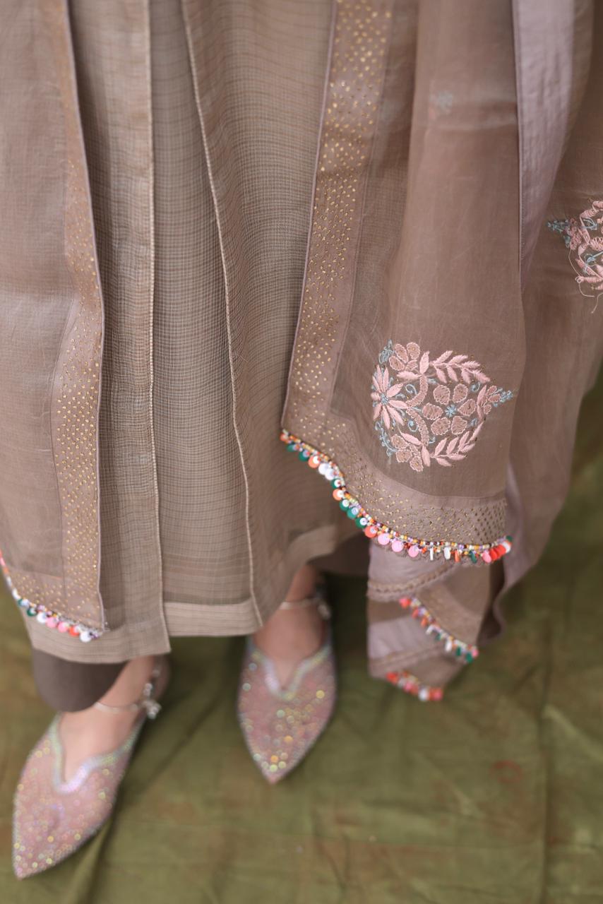 Natural Grey Tissue Silk Dagla Kurta Set