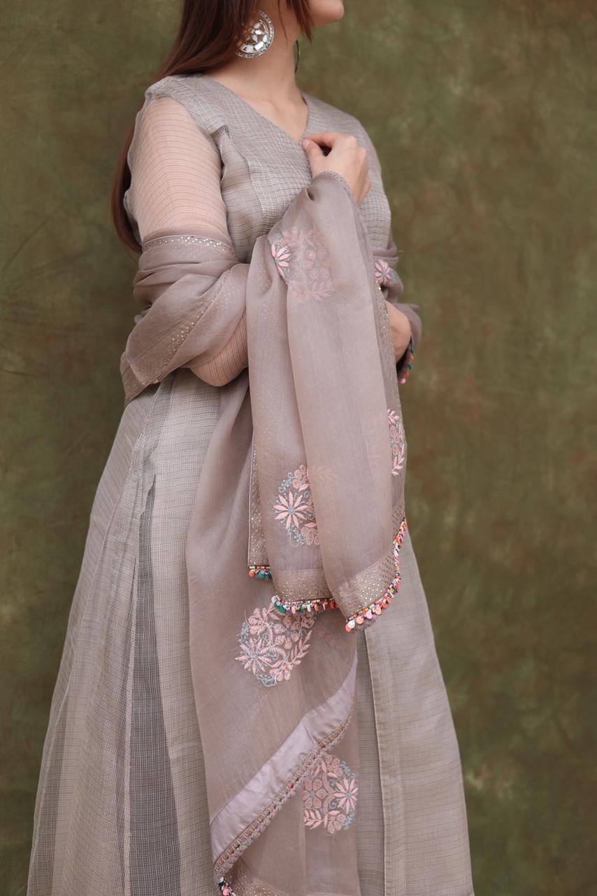Natural Grey Tissue Silk Dagla Kurta Set
