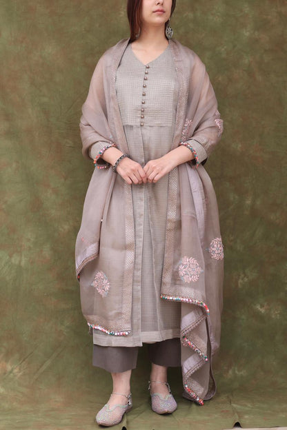 Natural Grey Tissue Silk Dagla Kurta Set