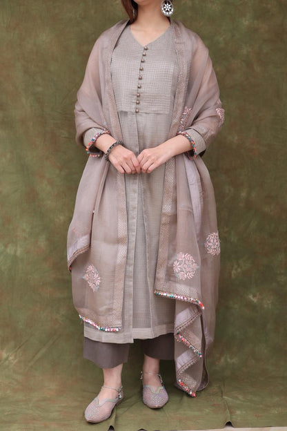 Natural Grey Tissue Silk Dagla Kurta Set
