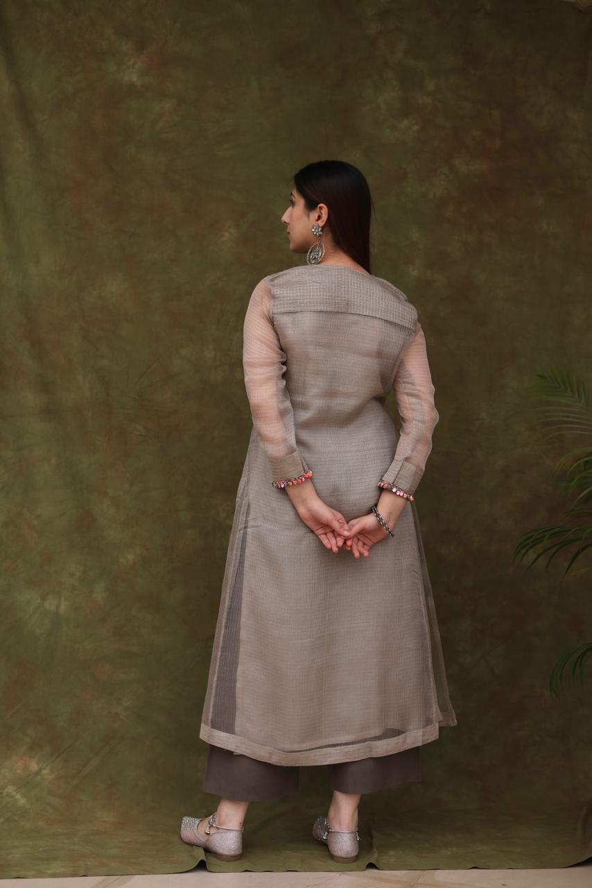 Natural Grey Tissue Silk Dagla Kurta Set