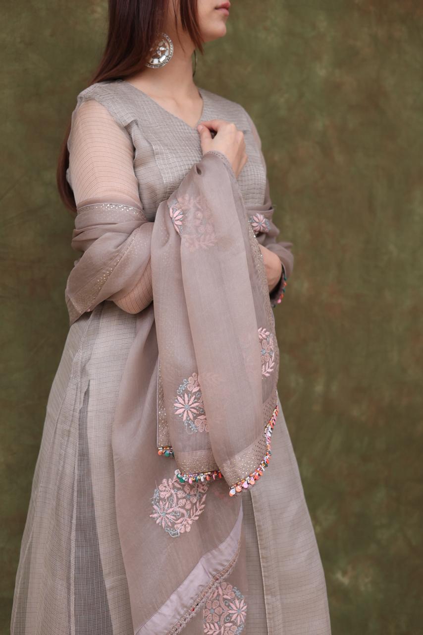 Natural Grey Tissue Silk Dagla Kurta Set