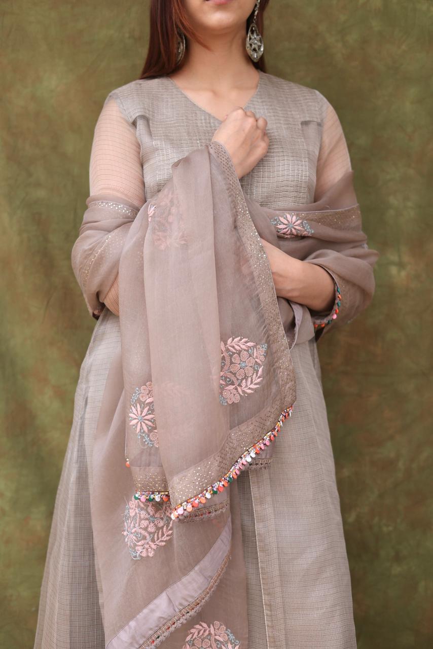 Natural Grey Tissue Silk Dagla Kurta Set