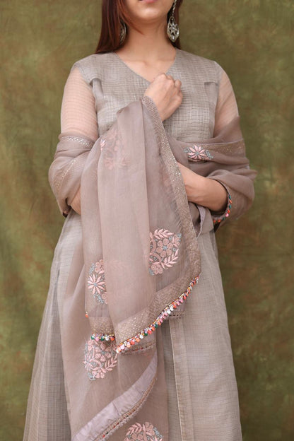 Natural Grey Tissue Silk Dagla Kurta Set