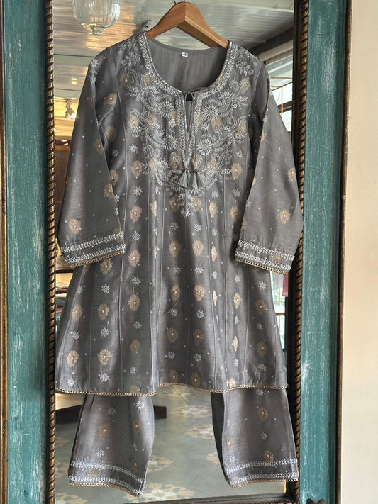 Natural Grey Zari Chanderi Chikankari Co-Ord Set