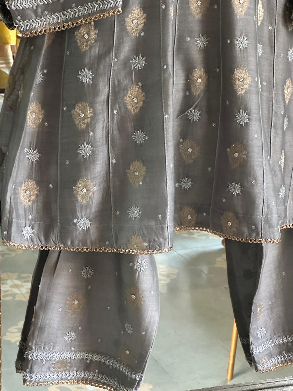 Natural Grey Zari Chanderi Chikankari Co-Ord Set