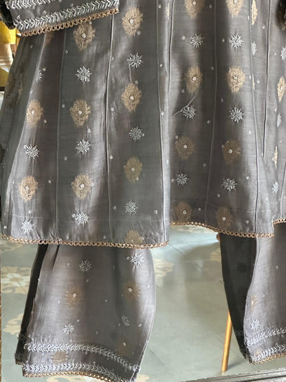 Natural Grey Zari Chanderi Chikankari Co-Ord Set