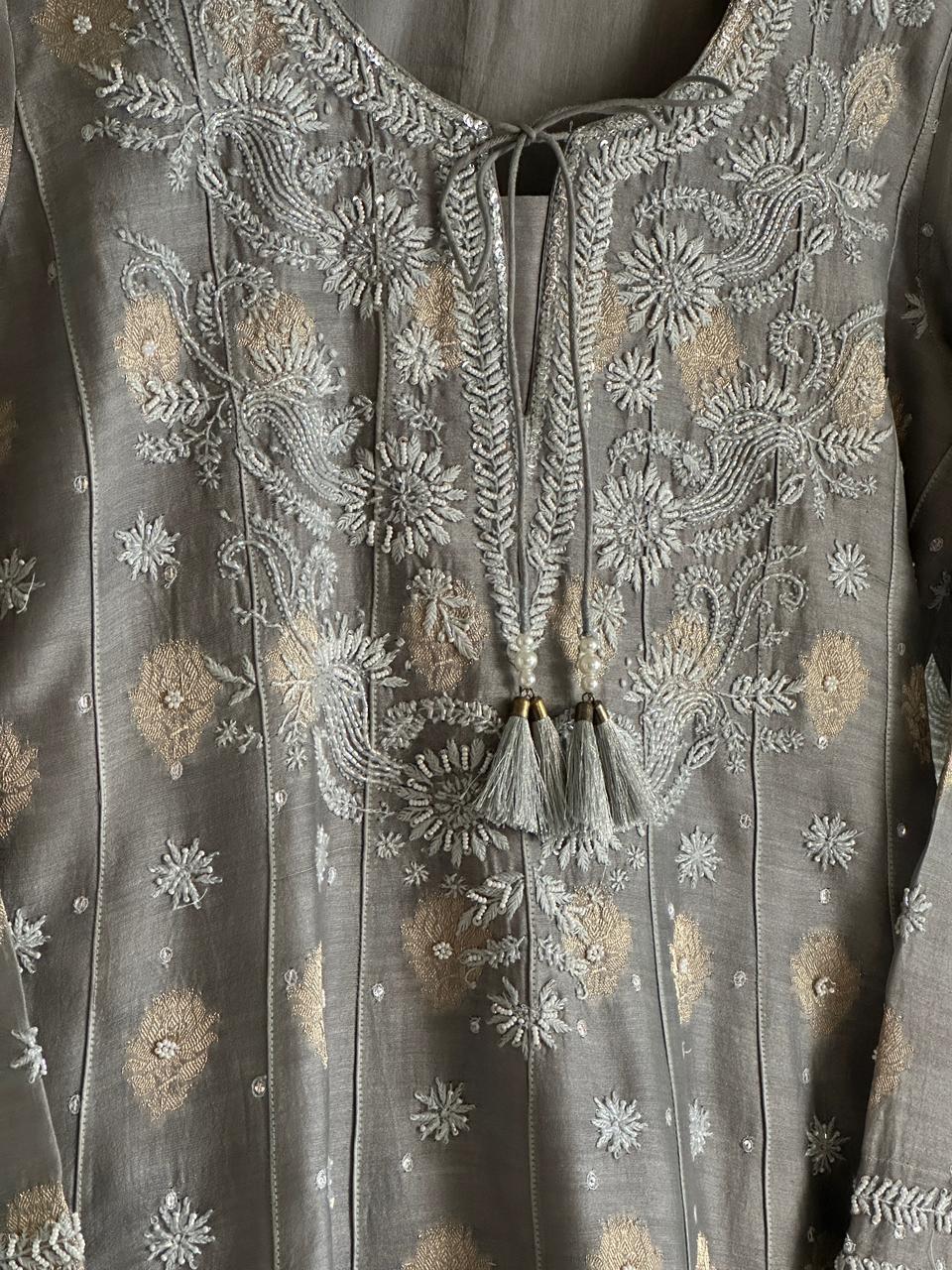 Natural Grey Zari Chanderi Chikankari Co-Ord Set