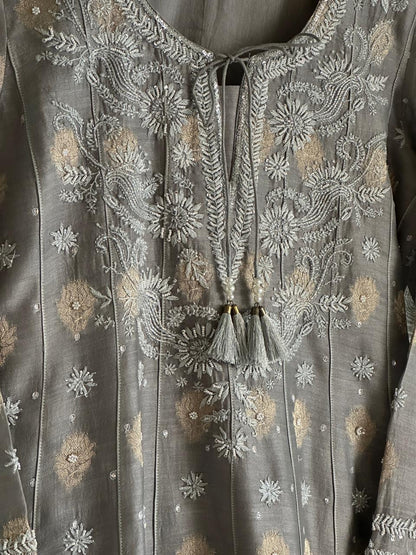 Natural Grey Zari Chanderi Chikankari Co-Ord Set