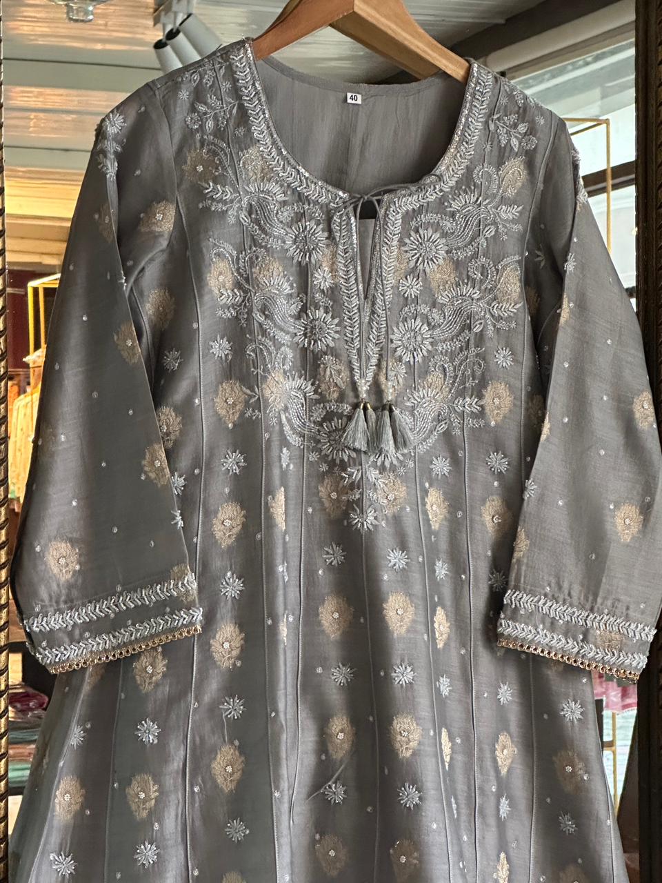 Natural Grey Zari Chanderi Chikankari Co-Ord Set