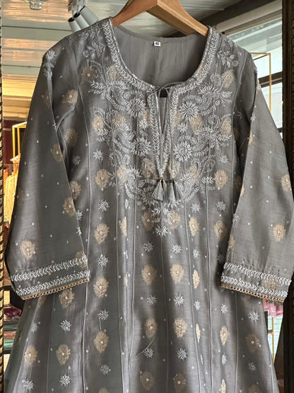 Natural Grey Zari Chanderi Chikankari Co-Ord Set